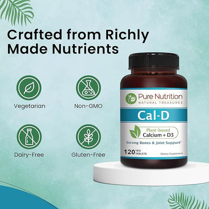 Pure Nutrition Cal D - Plant Based Calcium with Vitamin D3 K2 and Magnesium. Vegan Calcium Supplement with 500mg Elemental Calcium per Serving. Algae Calcium Supplement for Bone Health | 120 Tabs