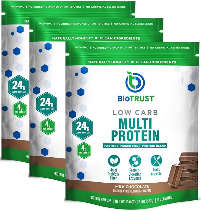 BioTrust Low Carb Protein Powder – Natural and Delicious Whey & Casein Blend from Grass-Fed Hormone Free Cows – Non GMO, Soy Free, Gluten Free, Hormone Free (Chocolate, 3-Pack)