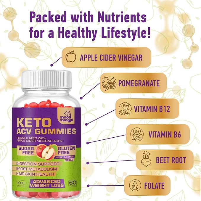 Keto ACV Gummies for Advanced Weight Loss - Gluten & Sugar-Free Apple Cider Vinegar Rapid Fat Burner Diet Supplement for Women Men - 60 Gummies (1000MG)