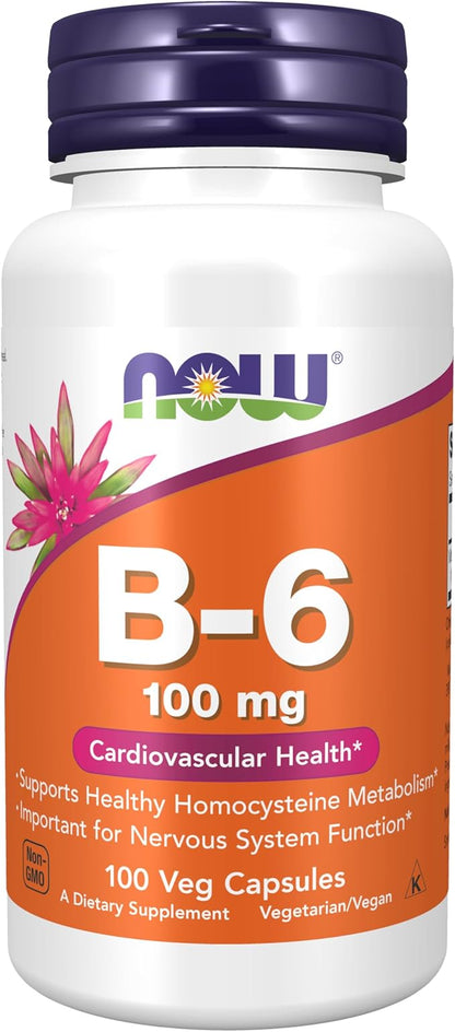 NOW Foods Supplements, Vitamin B-6 (Pyridoxine HCl) 100 mg, Cardiovascular Health*, 100 Veg Capsules