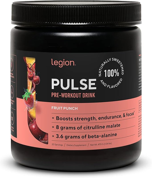 LEGION Pulse Pre Workout Supplement - All Natural Nitric Oxide Preworkout Drink to Boost Energy, Creatine Free, Naturally Sweetened, Beta Alanine, Citrulline, Alpha GPC (Fruit Punch)