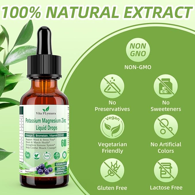 Potassium Magnesium Supplement Liquid Drops Plus Calcium Omega-3 D3 B6 K2, Organic Liquid Potassium Magnesium Aspartate, Citrate, for Leg Cramp, Vascular Muscle & Electrolyte Balance 2 Fl/Oz
