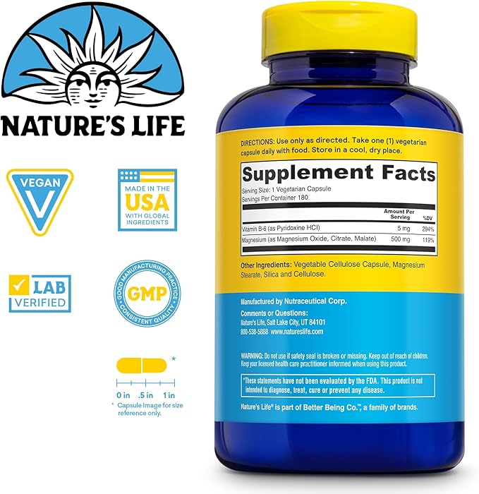 Nature’s Life Renewing Magnesium 500 mg - Magnesium Citrate, Magnesium Malate, Magnesium Oxide Plus Vitamin B-6 - Muscles and Nerves Support - Lab Verified (180 Servings, 180 VegCaps)