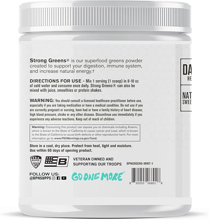 BARE PERFORMANCE NUTRITION, BPN Strong Greens Superfood Powder, Improved Digestion, Increased Energy, Immune System Support, Sweet Mint, 30 Servings