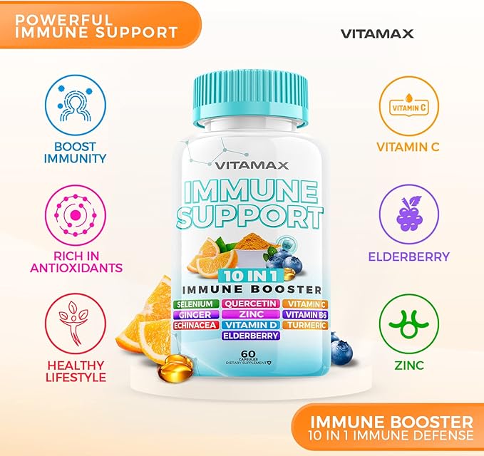 10-in-1 Immune System Support Booster with Elderberry, D3, Selenium, Quercetin, Zinc, Vitamin C, Ginger, Turmeric Curcumin, B6, Echinacea – Natural Immune Defense – Made in USA (60 Count (Pack of 2))