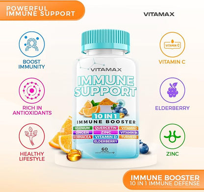 10-in-1 Immune System Support Booster with Elderberry, D3, Selenium, Quercetin, Zinc, Vitamin C, Ginger, Turmeric Curcumin, B6, Echinacea – Natural Immune Defense – Made in USA (60 Count (Pack of 2))