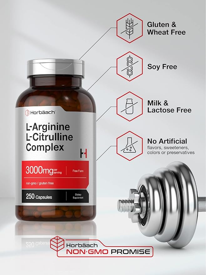 Horbäach L-Arginine L-Citrulline Complex | 3000mg | 250 Capsules | Non-GMO, Gluten Free Supplement