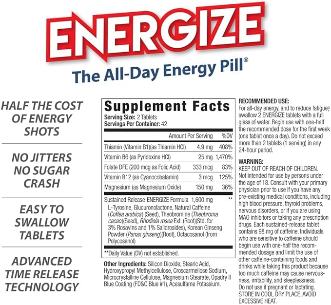 Energize Caffeine Pills, Fast Acting All Day Energy Pills & Natural Nootropics Support Supplement with Time Release Caffeine, Energy Support for Men and Women, No Jitters, No Crash (84 Tablets)