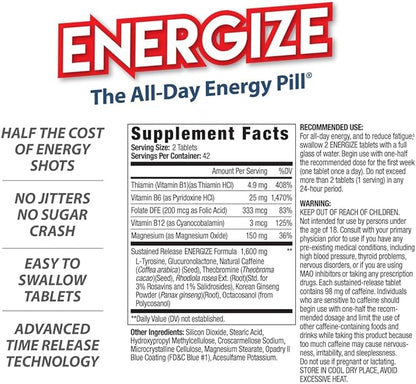 Energize Caffeine Pills, Fast Acting All Day Energy Pills & Natural Nootropics Support Supplement with Time Release Caffeine, Energy Support for Men and Women, No Jitters, No Crash (84 Tablets)