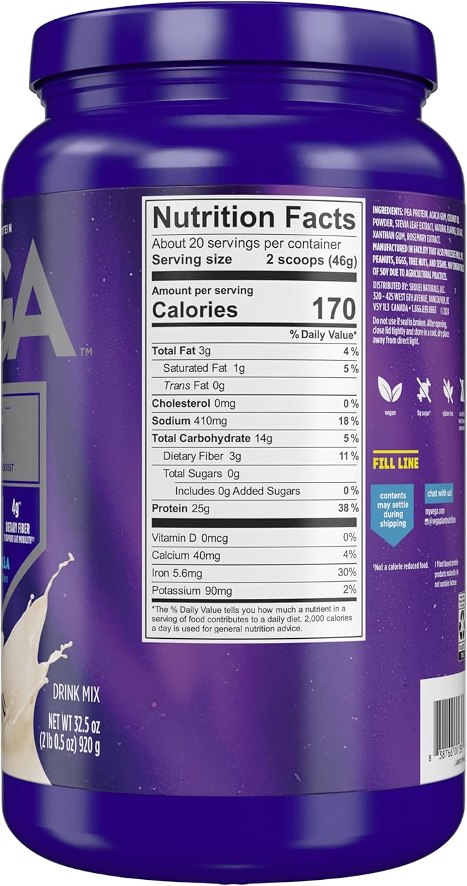 Vega Original Protein Powder, Creamy Vanilla Plant Based Protein Drink Mix for Water, Milk and Smoothies, 32.5 oz (Packaging May Vary)