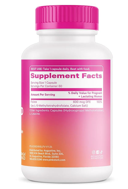 Pink Stork Folate: Methyl Folate - MTHFR Acid, Natural Form of Folic Acid for Pregnancy, Formulated for Mom + Baby, Women-Owned, 60 Capsules (Packaging May Vary)