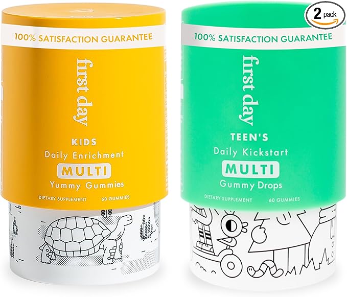 FIRST DAY Multivitamin Gummies Bundle for Kids & Teens – Vitamins A, B, C, D & K + Folate, Magnesium, & Zinc – Made w/Organic Fruits & Veggies, Only 2g Sugar – 2-Pk, 30 Day Supply Each