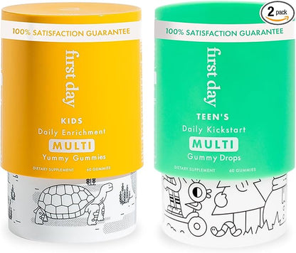 FIRST DAY Multivitamin Gummies Bundle for Kids & Teens – Vitamins A, B, C, D & K + Folate, Magnesium, & Zinc – Made w/Organic Fruits & Veggies, Only 2g Sugar – 2-Pk, 30 Day Supply Each