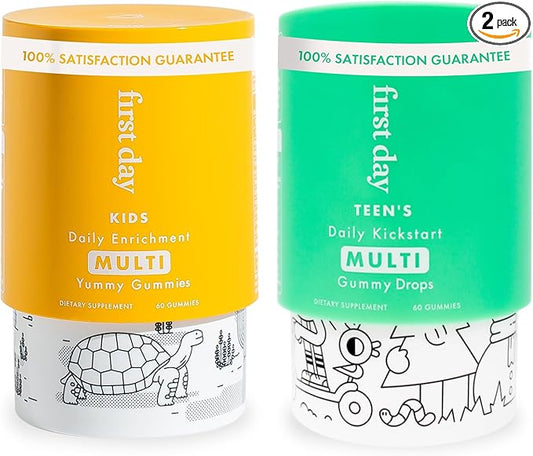 FIRST DAY Multivitamin Gummies Bundle for Kids & Teens – Vitamins A, B, C, D & K + Folate, Magnesium, & Zinc – Made w/Organic Fruits & Veggies, Only 2g Sugar – 2-Pk, 30 Day Supply Each