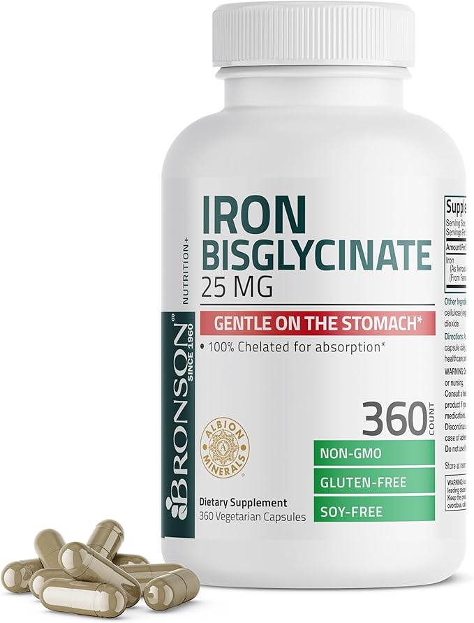 Bronson Iron Bisglycinate 25 mg Gentle on The Stomach, Supports Energy & Healthy Red Blood Cell Production - Non-Constipating Formula - Non GMO, 360 Vegetarian Capsules