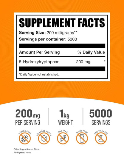 BulkSupplements.com 5-HTP Powder - 5-Hydroxytryptophan, 5 HTP Supplement - 5-HTP 200mg, Mood Support Supplement - Gluten Free, 200mg per Serving, 1kg (2.2 lbs) (Pack of 1)
