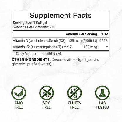 DEAL SUPPLEMENT Sunshine Vitamin D – Vitamin D3 5,000 IU with K2 MK7 100mcg – Infused with Virgin Coconut Oil – Support Healthy Bones, Teeth, and Immune System – Easy to Swallow