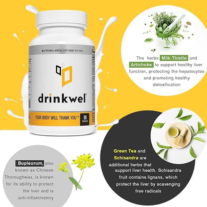 drinkwel Premium Multivitamin Supplement - Pack of 3 x 90 Capsules - Morning Recovery, Liver Cleanse, Detox, Immune Support- Milk Thistle, Vitamin C, Zinc, Magnesium
