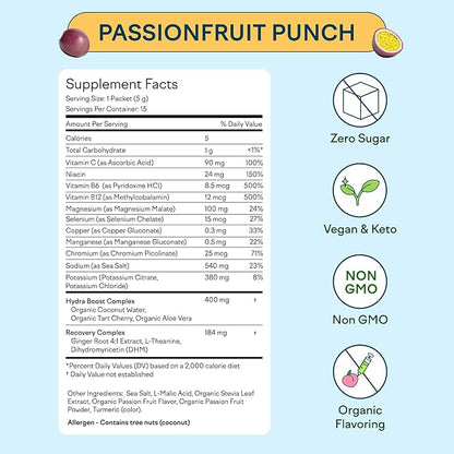 Feel Goods Hydration Hero, 1,000mg Electrolytes Powder, Sugar Free, Magnesium, Organic Coconut Water, L Theanine, Vitamin C & B12, Keto, Vegan, Electrolyte Packets, Passion Fruit Punch, 15 Count