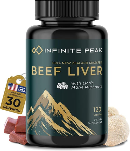 Grass Fed Beef Liver Capsules w/ Lions Mane for Energy, Focus & Memory | Grassfed Beef Liver Supplement Supports Full Body Wellness | Beef Organs Supplement for Men - Freeze Dried | 30 Serving-120 Cnt
