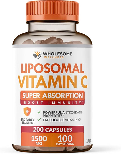 Liposomal Vitamin C Capsules (200 Pills 1500mg Buffered) High Absorption VIT C, Immune System & Collagen Booster, High Dose Fat Soluble Immunity Support Ascorbic Acid Supplement, Natural Vegan