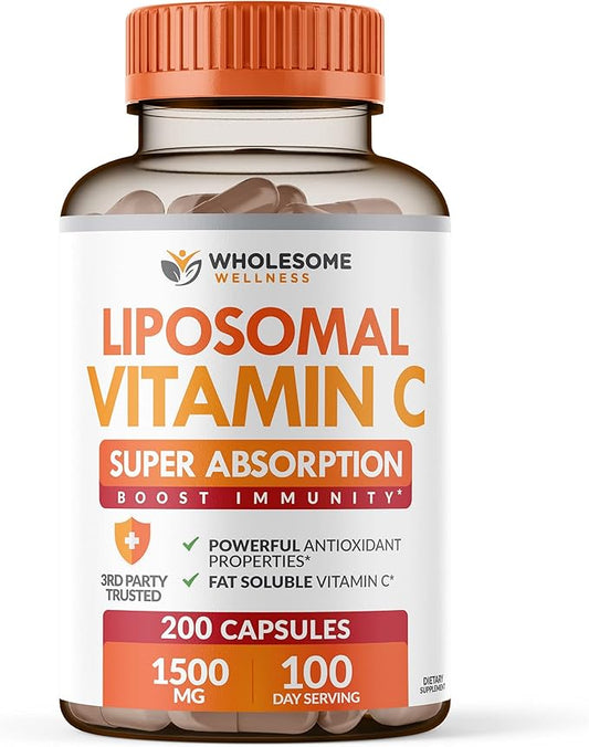 Liposomal Vitamin C Capsules (200 Pills 1500mg Buffered) High Absorption VIT C, Immune System & Collagen Booster, High Dose Fat Soluble Immunity Support Ascorbic Acid Supplement, Natural Vegan
