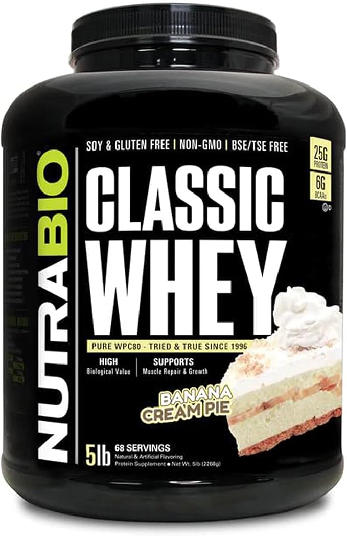 NutraBio Classic Whey Protein Powder- 25G Protein Per Scoop - Full-Spectrum Amino Acid Profile - No Fillers, Artificial Colors, Preservatives - (Banana Cream Pie, 5 Pounds)