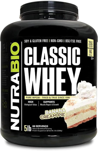 NutraBio Classic Whey Protein Powder- 25G Protein Per Scoop - Full-Spectrum Amino Acid Profile - No Fillers, Artificial Colors, Preservatives - (Banana Cream Pie, 5 Pounds)