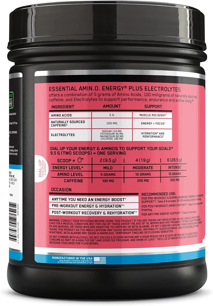Optimum Nutrition Essential AMIN.O Energy & Electrolytes - Energy, Focus & Post-Workout Muscle Recovery - Watermelon Pre-Workout Electrolyte Powder Drink - Watermelon Splash, 1.51 lb (72 Servings)