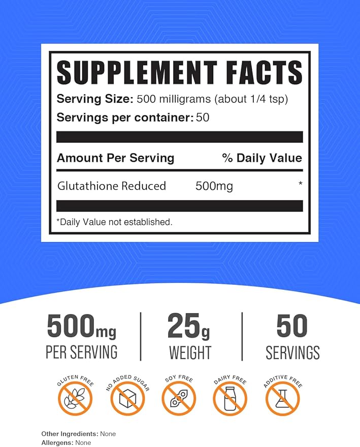 BulkSupplements.com Glutathione Reduced Powder - Glutathione Supplement, Reduced Glutathione Powder - Glutathione 500mg, Gluten Free, 500mg per Serving, 25g (0.88 oz) (Pack of 1)