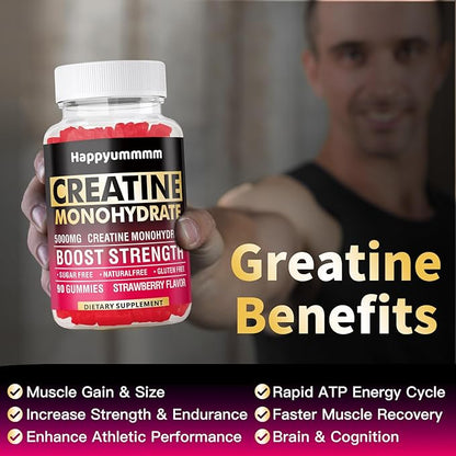 Creatine Monohydrate Gummies for Men & Women-5g of Creatine Monohydrate per Serving - Sugar Free,Vegan, Strawberry Flavor, 180 Count-2pack.