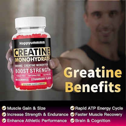 Creatine Monohydrate Gummies for Men & Women-5g of Creatine Monohydrate per Serving - Sugar Free,Vegan, Strawberry Flavor, 180 Count-2pack.