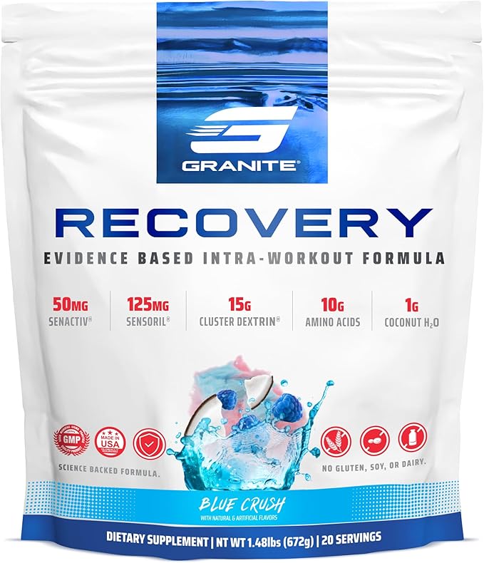 Granite Recovery for Intra & Post Workout |10g Aminos, Electrolytes, Cluster Dextrin for Muscle Recovery & Growth | Amino Acids Supplement with Sensoril | 20 Servings | Blue Crush Flavor
