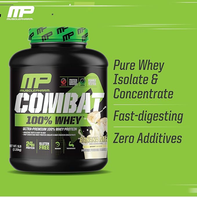 MusclePharm Combat 100% Whey Protein Powder, Banana Milk Flavor, Fast Recovery & Muscle Gain with Whey Protein Isolate, High Protein Powder for Women & Men, Gluten Free, 5 lb, 70 Servings