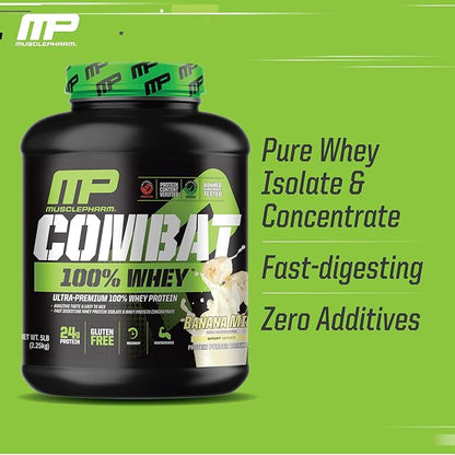 MusclePharm Combat 100% Whey Protein Powder, Banana Milk Flavor, Fast Recovery & Muscle Gain with Whey Protein Isolate, High Protein Powder for Women & Men, Gluten Free, 5 lb, 70 Servings