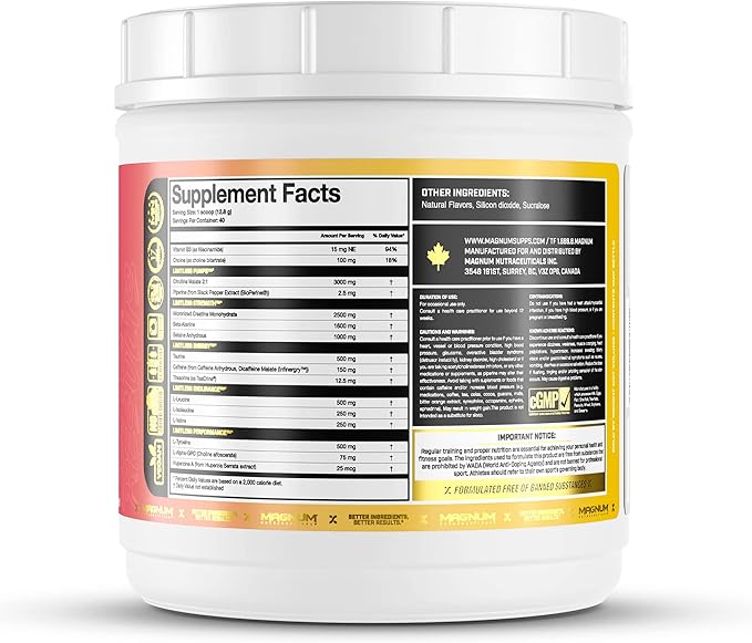 LIMITLESS Magnum 504g - Muscle Workout Powder, Sport Pre Workout for Men and Women, May Assist & Support Increase Energy, Focus, and Endurance - Pink Lemonade