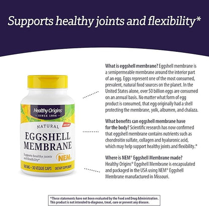 Healthy Origins Eggshell Membrane (NEM), 500 mg - Natural Collagen and Joint Support Supplement - Gluten-Free Supplement - 30 Veggie Capsules