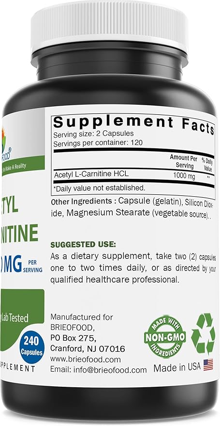 Brieofood Acetyl L-Carnitine 1000 mg Per Serving- 240 Capsules. Gluten-Free, Non-GMO.