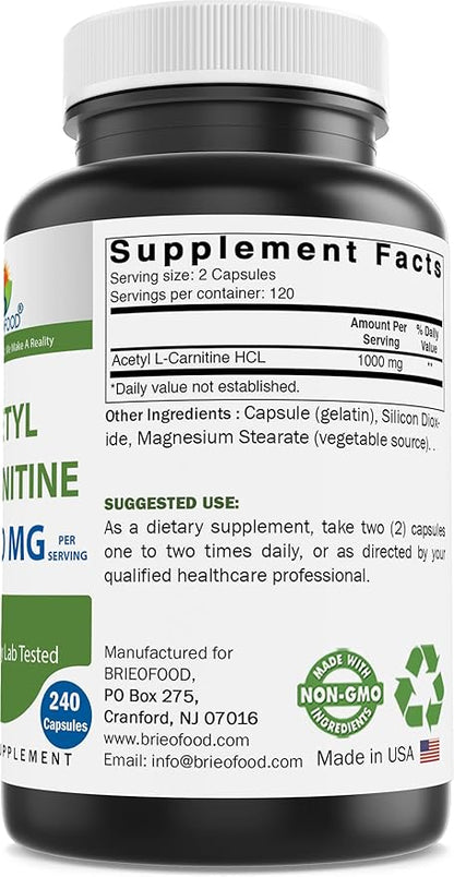 Brieofood Acetyl L-Carnitine 1000 mg Per Serving- 240 Capsules. Gluten-Free, Non-GMO.