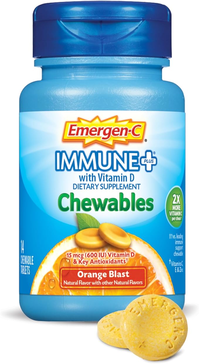 Emergen-C Immune+ Chewables 1000mg Vitamin C Tablet, with Vitamin D, Immune Support Dietary Supplement for Immunity, Orange Blast Flavor - 14 Count