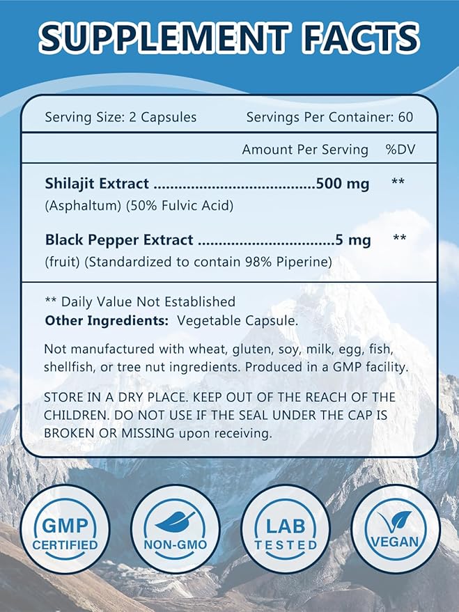 Shilajit, Pure Shilajit with 50% Naturally Occuring Fulvic Acid for Energy Boost, 85+ Trace Minerals, Shilajit for Men & Women, 500 MG Shilajit Capsules, 120 Capsules