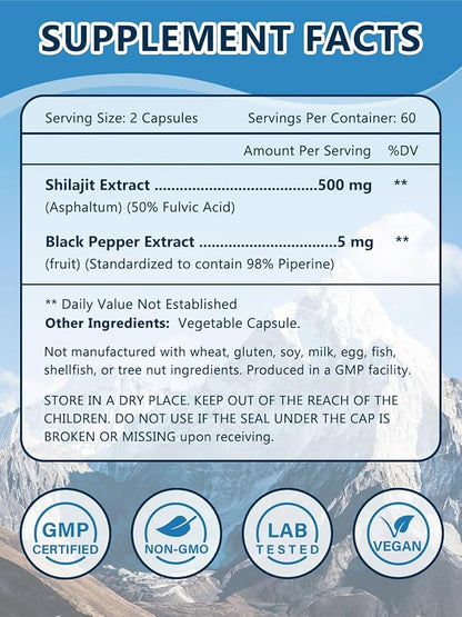 Shilajit, Pure Shilajit with 50% Naturally Occuring Fulvic Acid for Energy Boost, 85+ Trace Minerals, Shilajit for Men & Women, 500 MG Shilajit Capsules, 120 Capsules