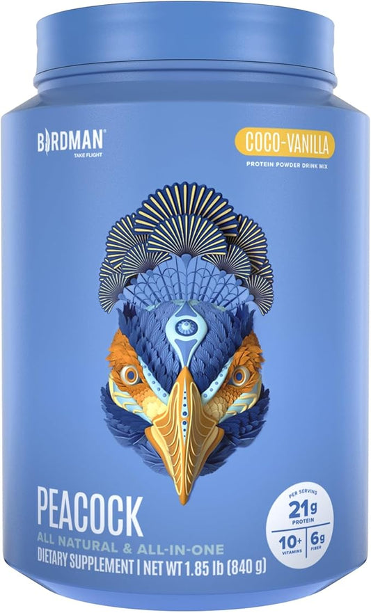 BIRDMAN Peacock Vegan Protein Powder | Complete Plant Based Meal Replacement Shake with Magnesium, Vitamin D, MCT Oil | All in One Supplement for Men and Women | Smooth Texture | Coco Vanilla Flavor