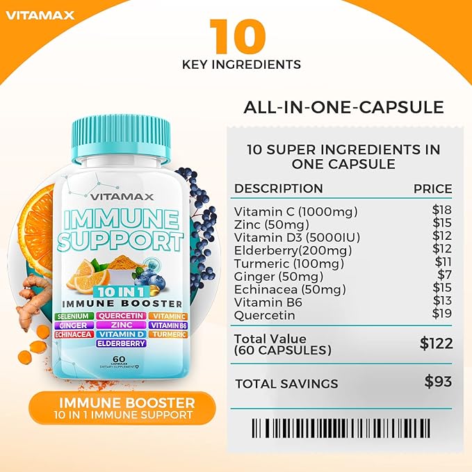 10-in-1 Immune System Support Booster with Elderberry, D3, Selenium, Quercetin, Zinc, Vitamin C, Ginger, Turmeric Curcumin, B6, Echinacea – Natural Immune Defense – Made in USA (60 Count (Pack of 2))