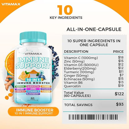 10-in-1 Immune System Support Booster with Elderberry, D3, Selenium, Quercetin, Zinc, Vitamin C, Ginger, Turmeric Curcumin, B6, Echinacea – Natural Immune Defense – Made in USA (60 Count (Pack of 2))