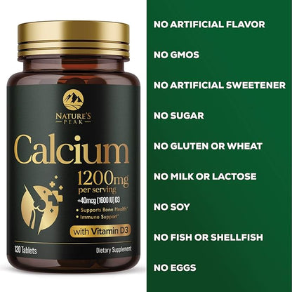 Calcium 1200 mg with Vitamin D3, Calcium Supplement Vitamins, Supports Bone Strength, Teeth & Immune System, Calcium Supplements for Women & Men, Nature's Absorbable Calcium Carbonate - 120 Tablets