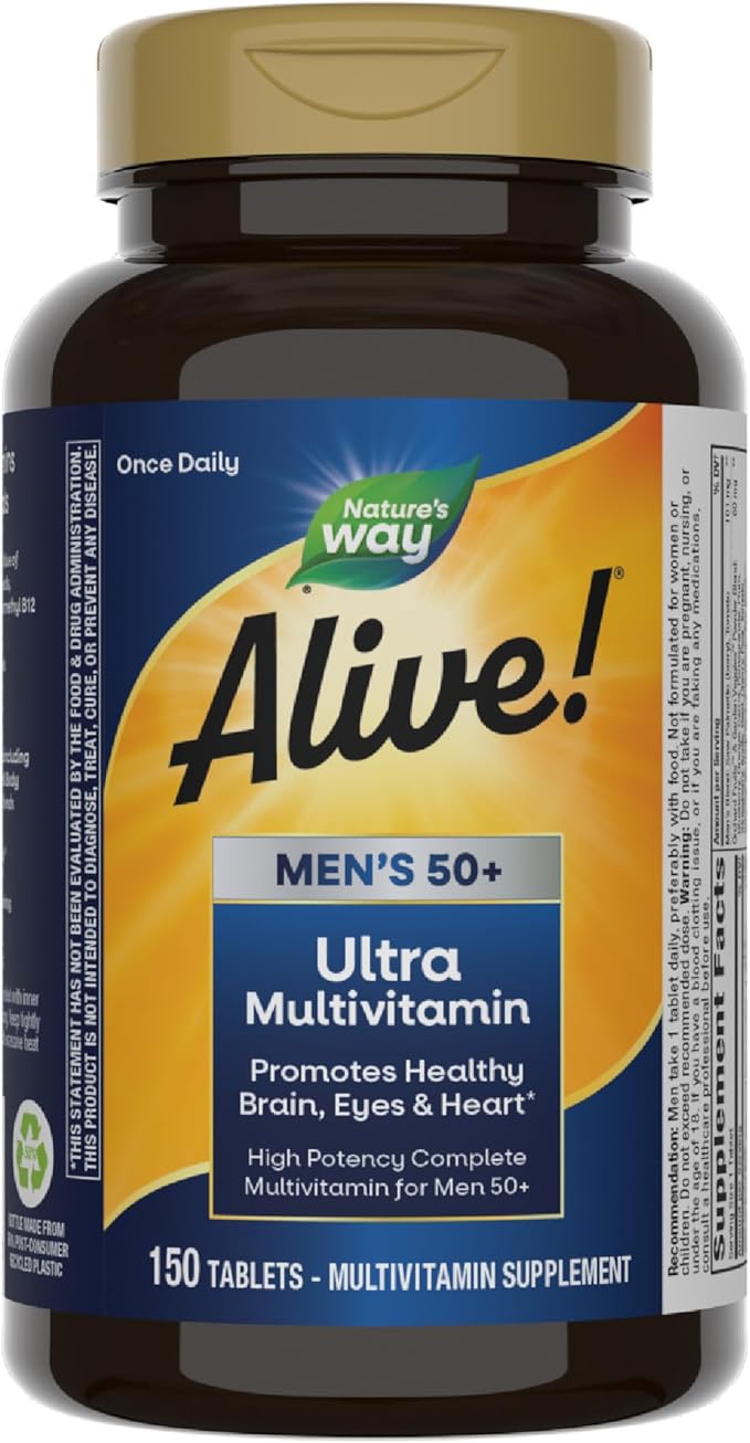 Nature's Way Alive! Men’s 50+ Daily Ultra Multivitamin, High Potency Formula, Supports Healthy Brain, Eyes & Heart*, with Methlyated B12, Gluten-Free, 150 Tablets (Packaging May Vary)