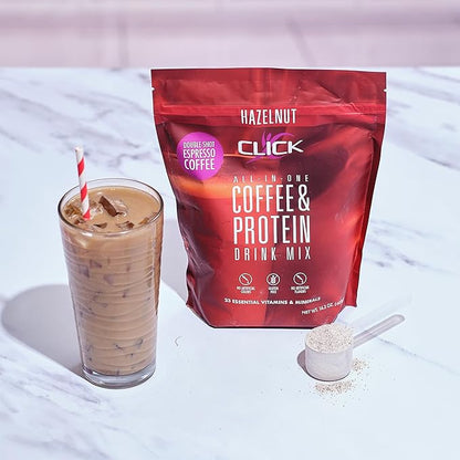 Click Coffee Protein Powder | Double Shot Espresso | 16g Protein | 23 Essential Vitamins | Low Calorie Meal Replacement | 150mg Caffeine | Gluten Free | No Artificial Flavors or Colors | Hazelnut