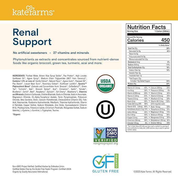 KATE FARMS Organic 1.8 Renal Support Shake, Vanilla, 20g Protein, 27 Vitamins and Minerals, Specialized Dialysis Nutrition Support, 8.45 oz (12 Pack)