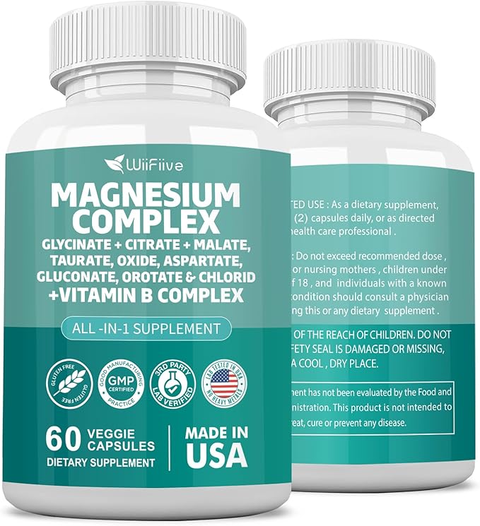 Magnesium Complex Supplement, Clycinate 141mg Oxide 228mg Malate 58.5mg Citrate 62.4mg with Orotate Glycina Taurate Chloride Aspartate Gluconate Vitamin B, Max Absorption, Gluten-Free, Non-GMO